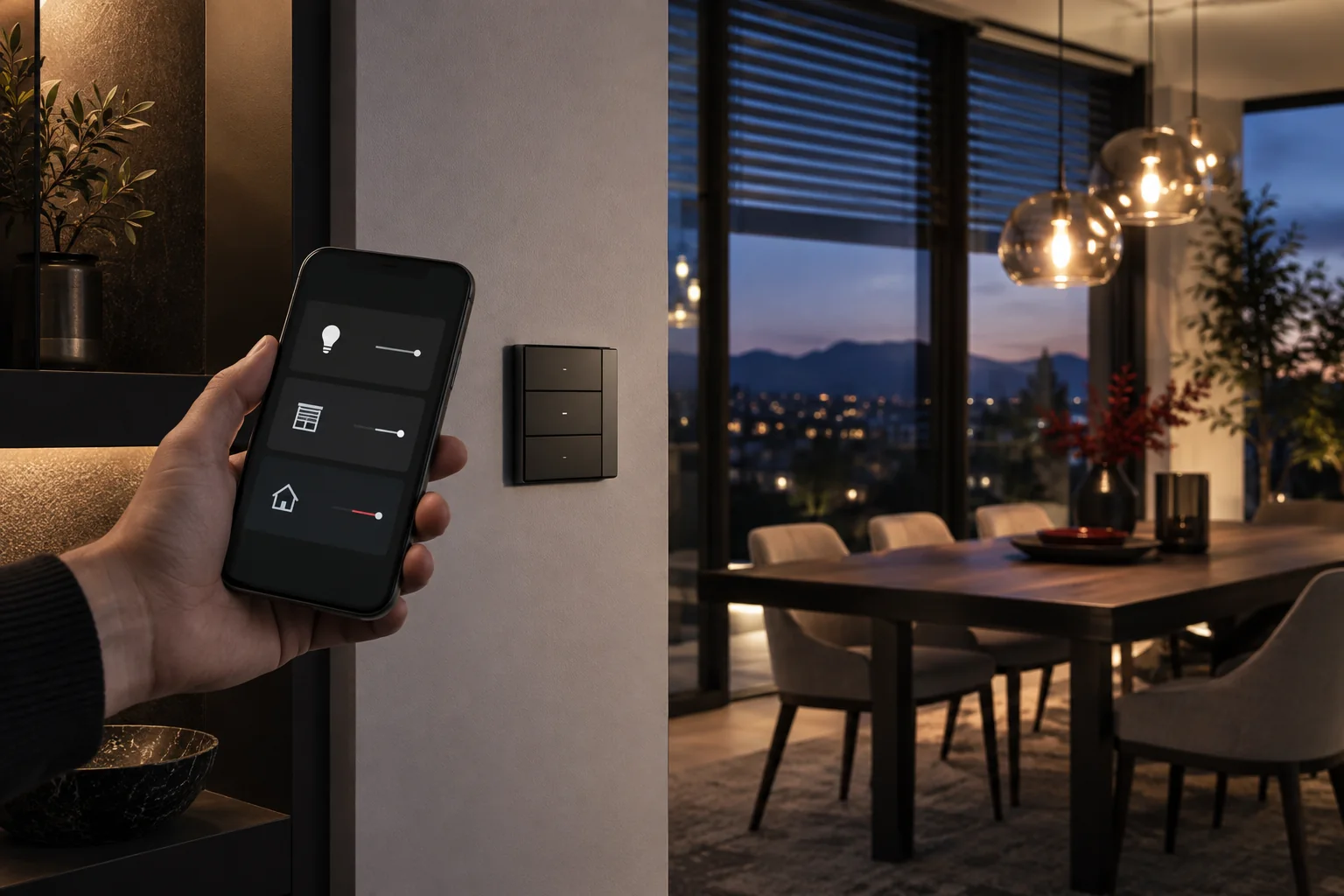 Commande murale et smartphone dans une salle à manger connectée